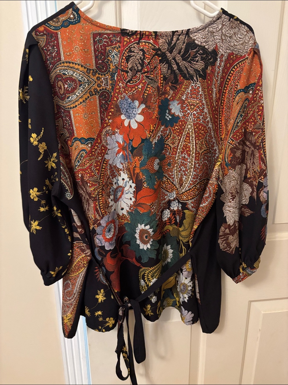 bryn Walker Black Floral Tie-Hem Blouse with Multicolor Sleeves - Picture 7 of 8